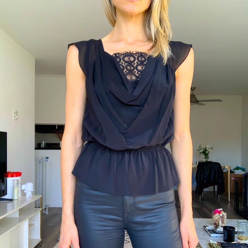 Robert Rodriguez peplum cowl neck black short sleeved top with back lace detail